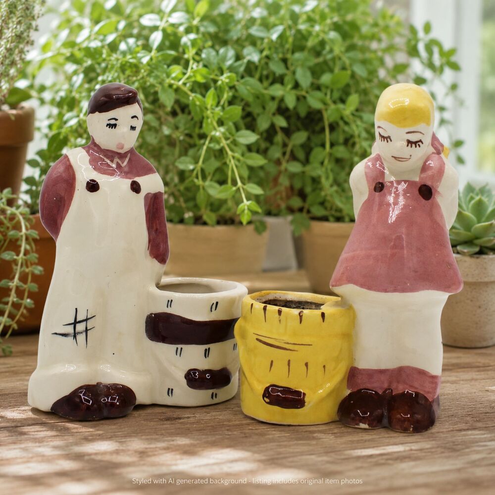 Vintage Goldammer Planter Set Jack & Jill Farm Boy Girl California Pottery Vase
